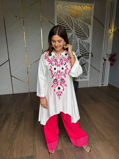 vory Floral Embroidered Rayon A-Line Kurta with Green Palazzo Set