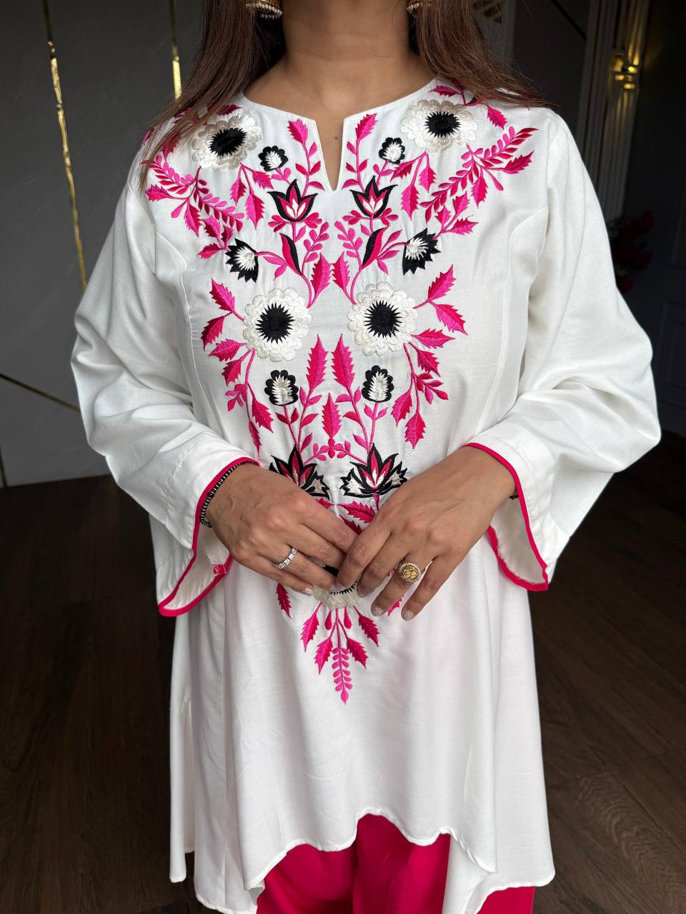 vory Floral Embroidered Rayon A-Line Kurta with Green Palazzo Set