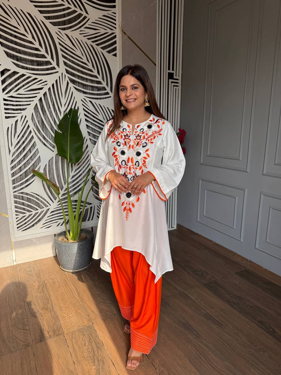 vory Floral Embroidered Rayon A-Line Kurta with Green Palazzo Set