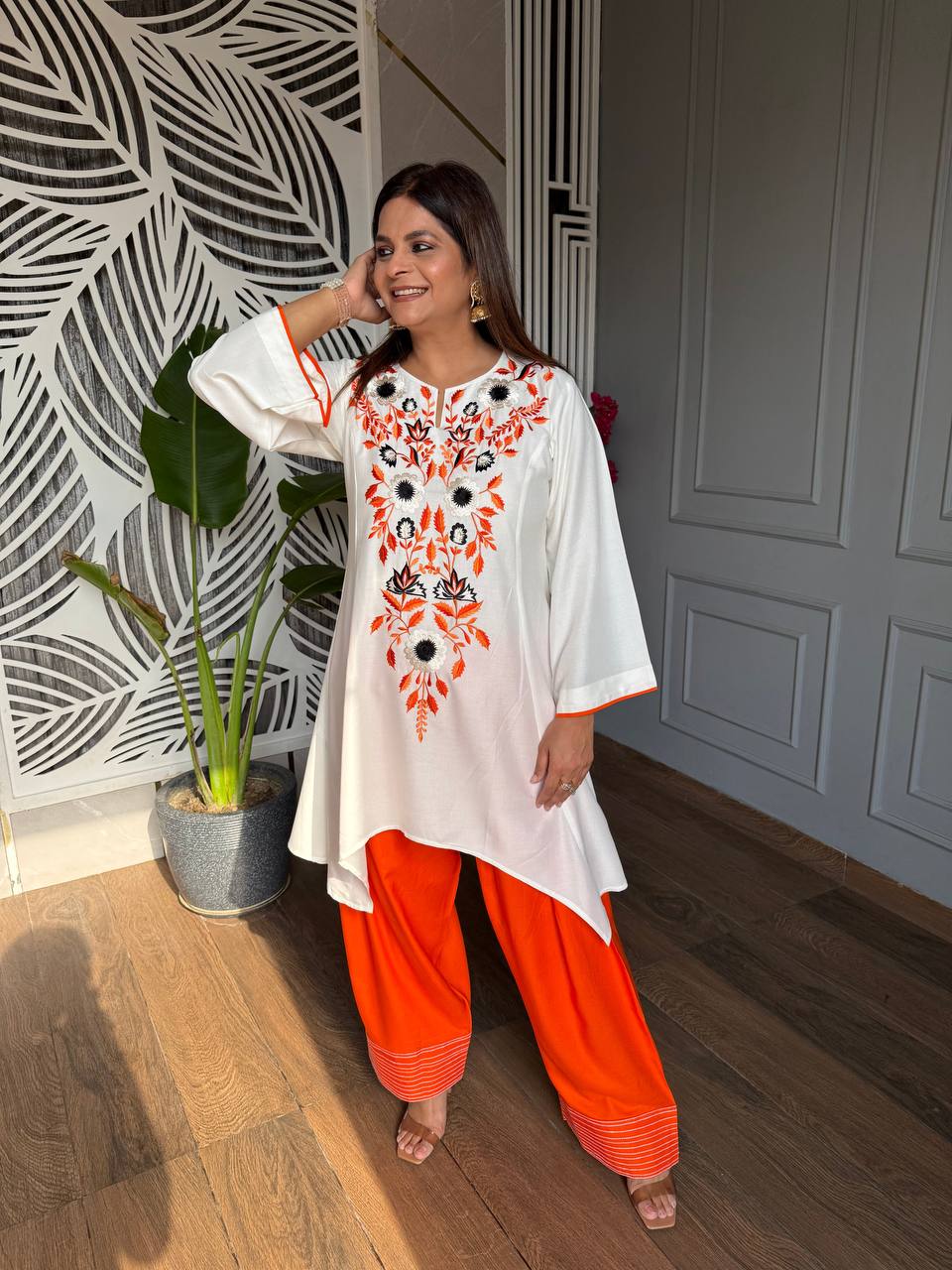 vory Floral Embroidered Rayon A-Line Kurta with Green Palazzo Set