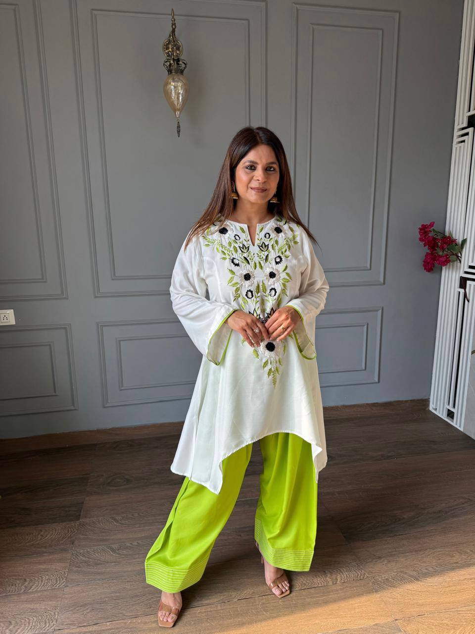 vory Floral Embroidered Rayon A-Line Kurta with Green Palazzo Set