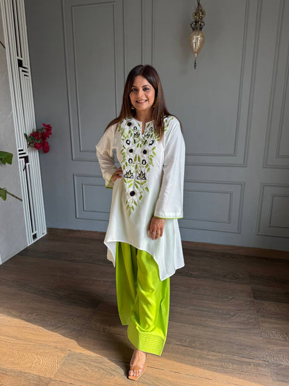 vory Floral Embroidered Rayon A-Line Kurta with Green Palazzo Set