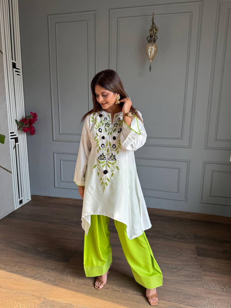 vory Floral Embroidered Rayon A-Line Kurta with Green Palazzo Set