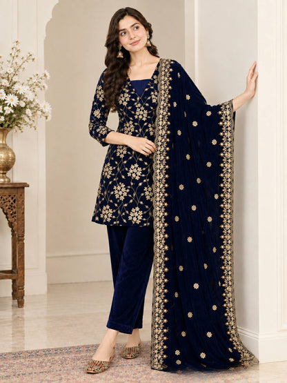 Navy Blue Floral Embroidered Velvet Stitched Straight Kurta