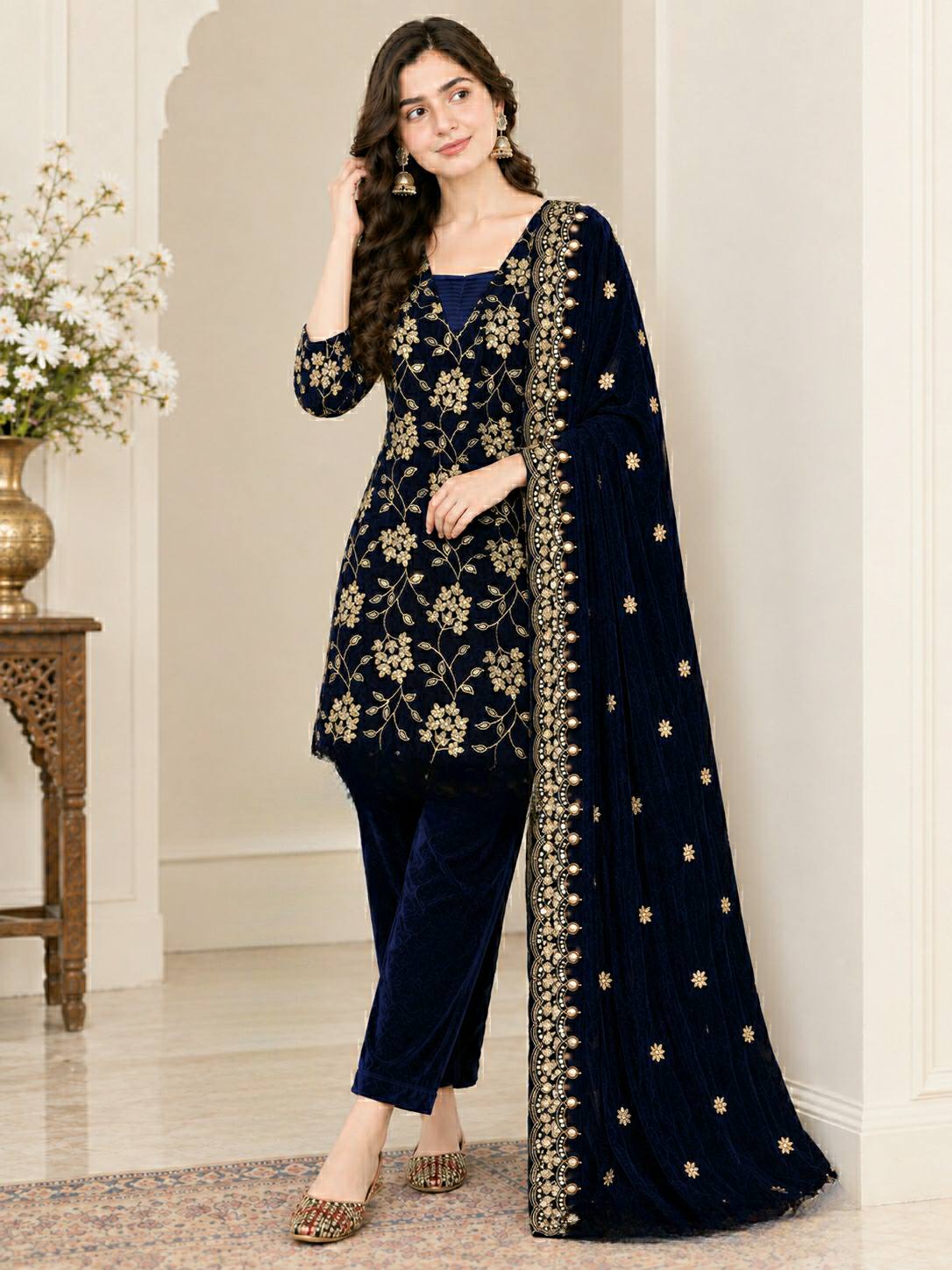 Navy Blue Floral Embroidered Velvet Stitched Straight Kurta