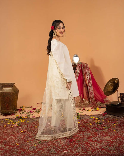 White Embroidered  Natural Silk Straight Kurta with Farshi salwar