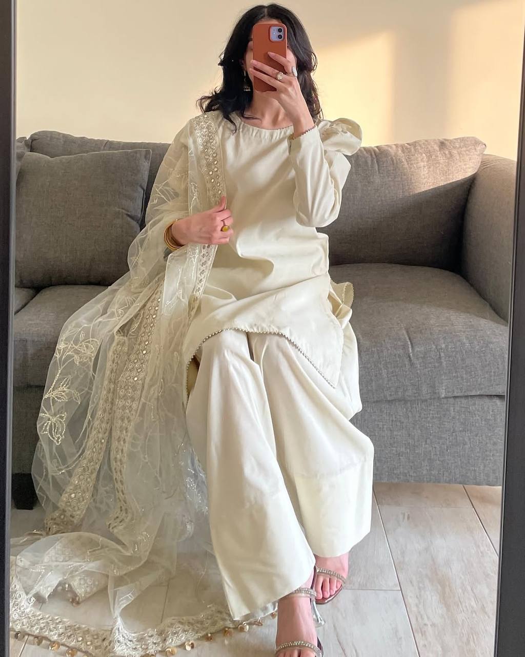 White Embroidered  Natural Silk Straight Kurta with Farshi salwar