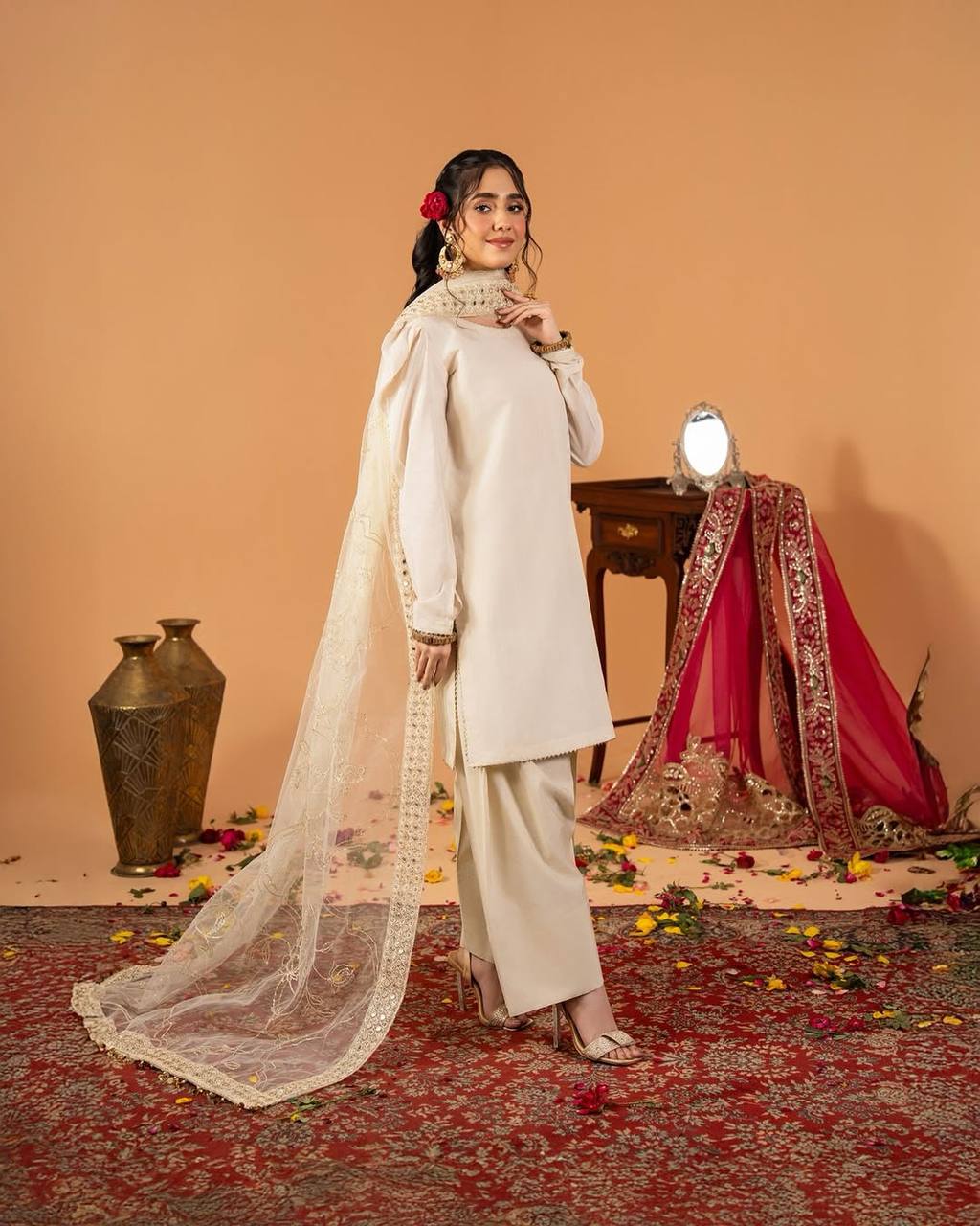 White Embroidered  Natural Silk Straight Kurta with Farshi salwar