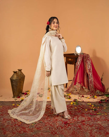 White Embroidered  Natural Silk Straight Kurta with Farshi salwar
