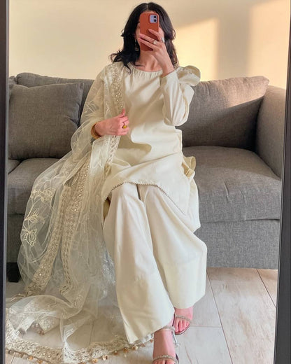 White Embroidered  Natural Silk Straight Kurta with Farshi salwar