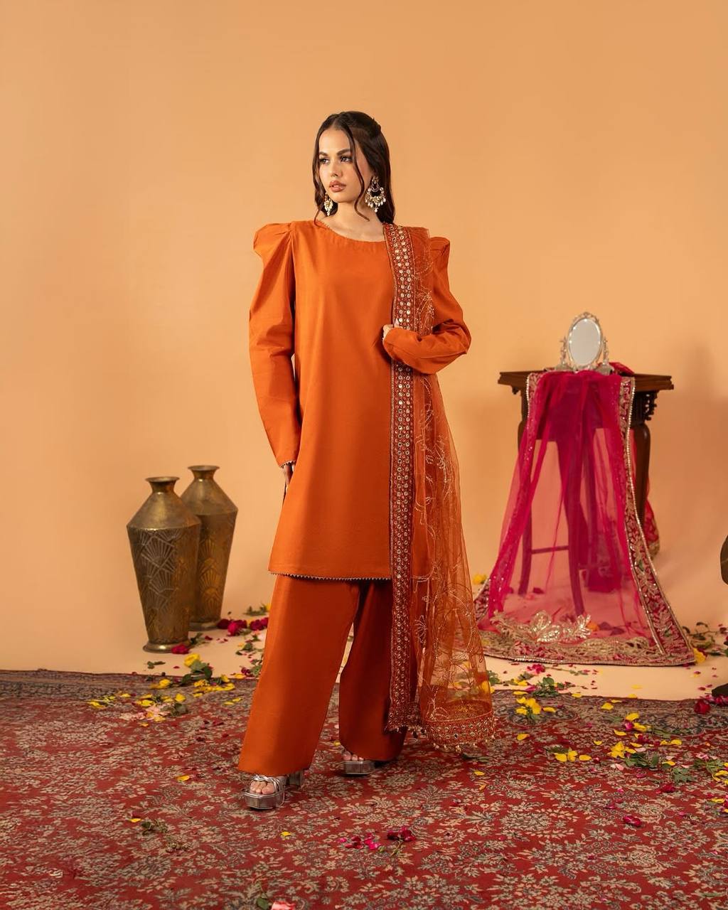White Embroidered  Natural Silk Straight Kurta with Farshi salwar