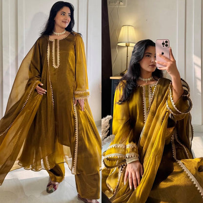 Yellow Embroidered Silk & Pant Palazzo Suit Set