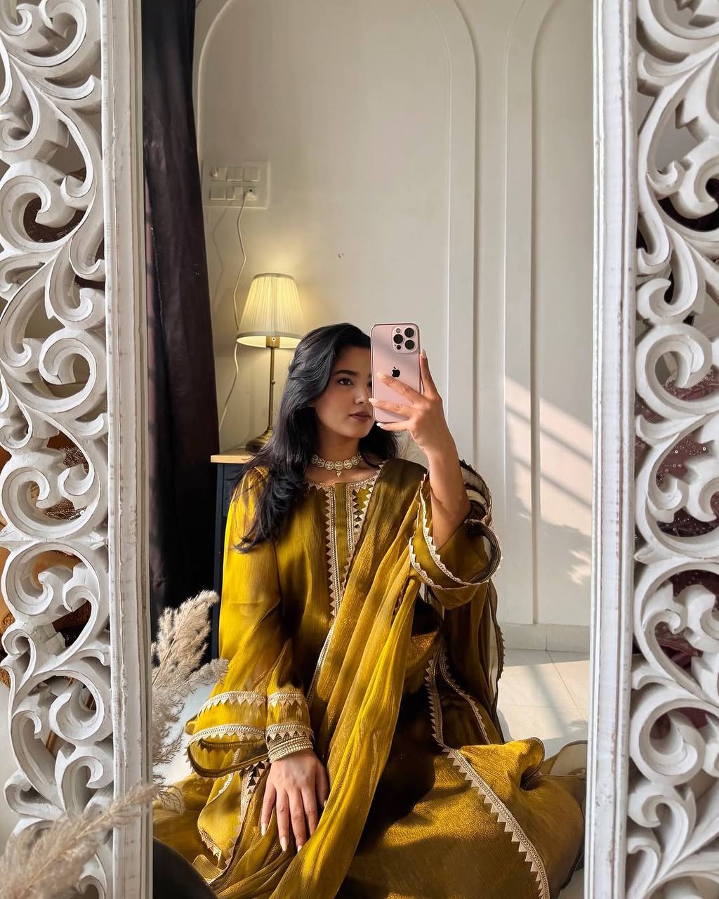 Yellow Embroidered Silk & Pant Palazzo Suit Set