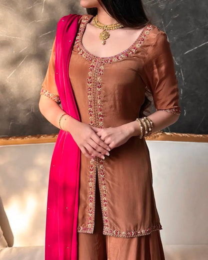 Graceful Brown Party Wear Sharara Set with Contrast Dupatta