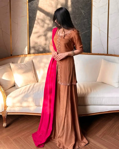 Graceful Brown Party Wear Sharara Set with Contrast Dupatta
