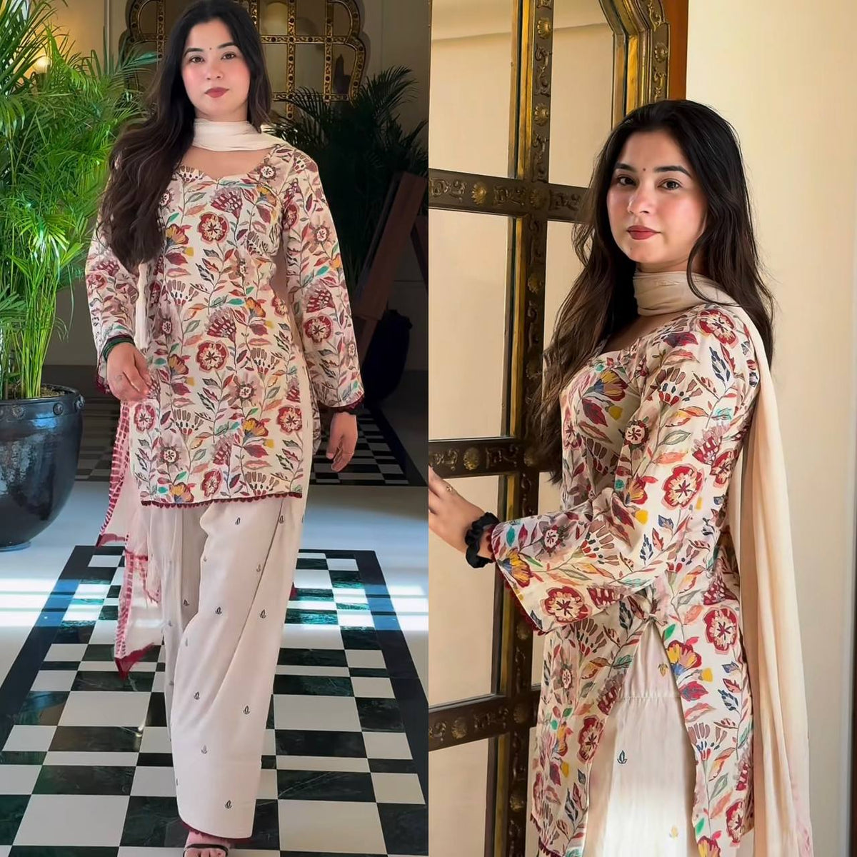 Women Off-White Floral Printed Cotton Kurta Set with Dupatta & Straight Pants