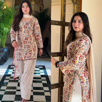 Women Off-White Floral Printed Cotton Kurta Set with Dupatta & Straight Pants
