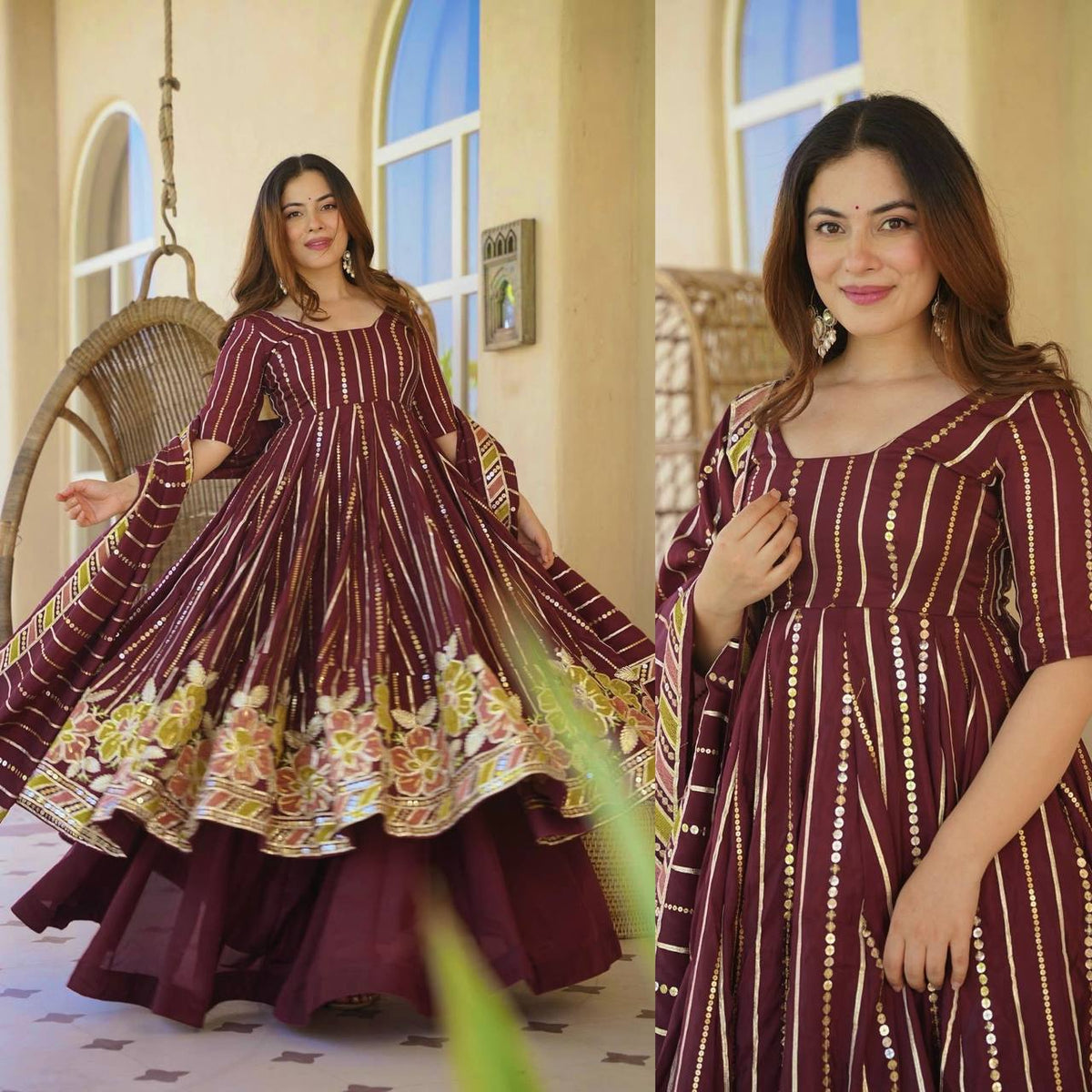 Wine Purple Floral Embroidered Cotton Anarkali Kurta with Palazzo & Striped Dupatta