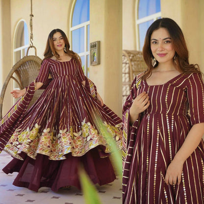 Wine Purple Floral Embroidered Cotton Anarkali Kurta with Palazzo & Striped Dupatta