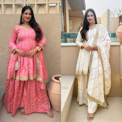 These outfits appear to be Anarkali Kurta Sets with Dupatta