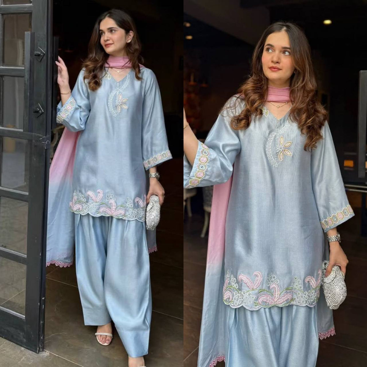 Graceful Pastel Blue Kurta Set with Pink Accents