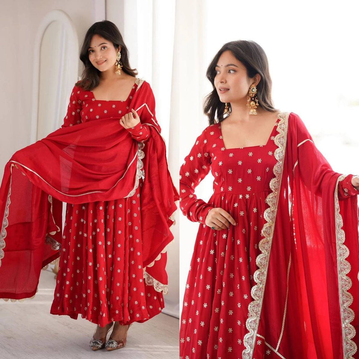 Women's Ruby Red Embroidered Georgette Anarkali Suit Set with Dupatta