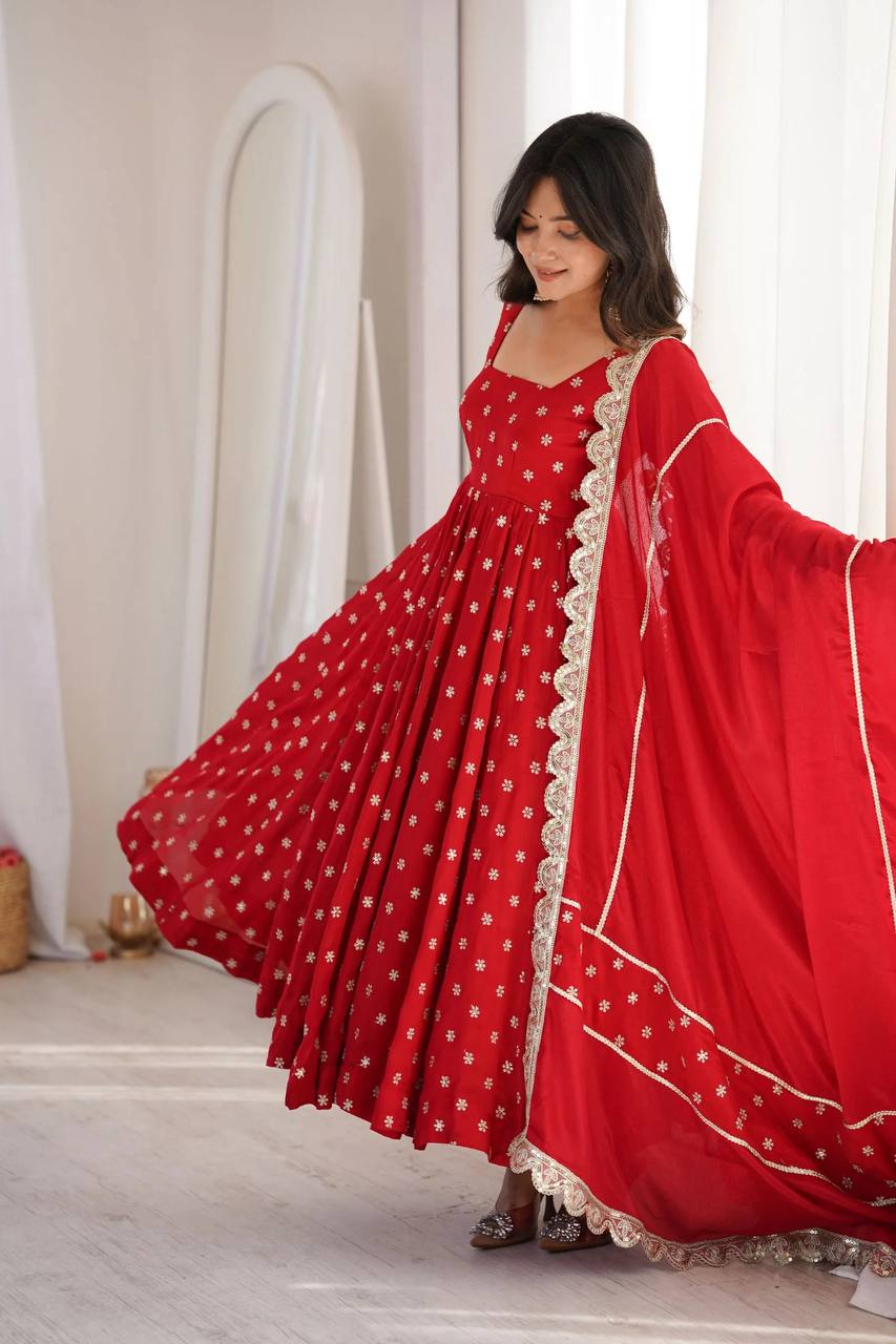 Women's Ruby Red Embroidered Georgette Anarkali Suit Set with Dupatta