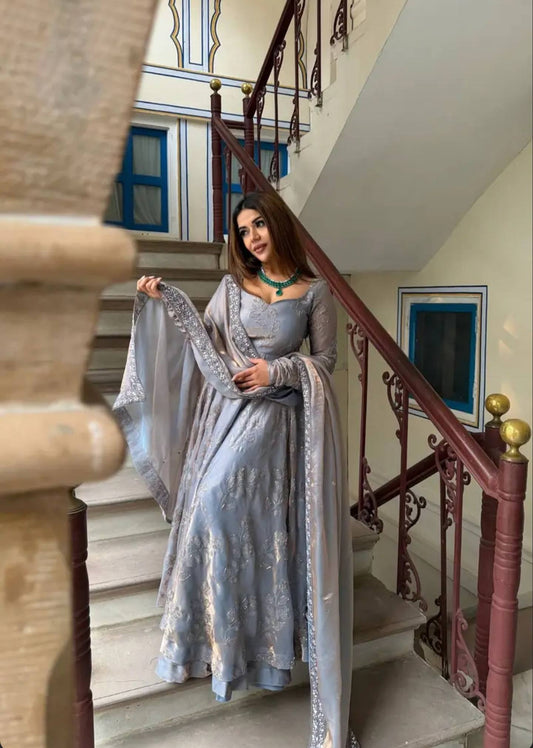 Ice Blue Embroidered Fandy Anarkali Gown