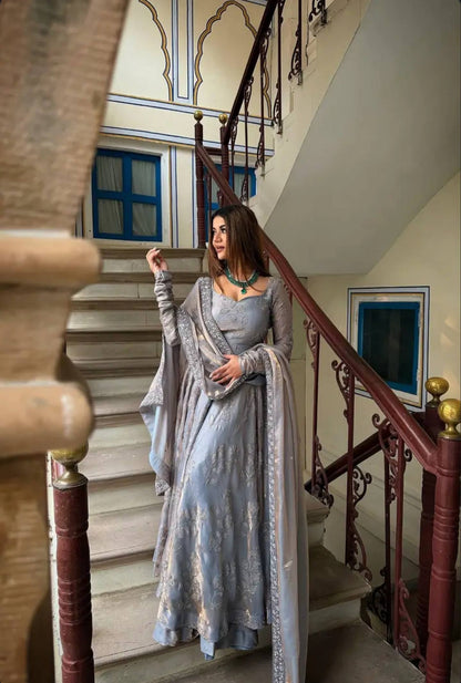 Ice Blue Embroidered Fandy Anarkali Gown