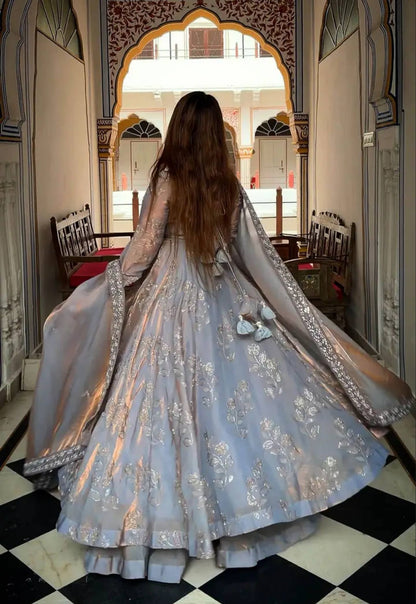 Ice Blue Embroidered Fandy Anarkali Gown