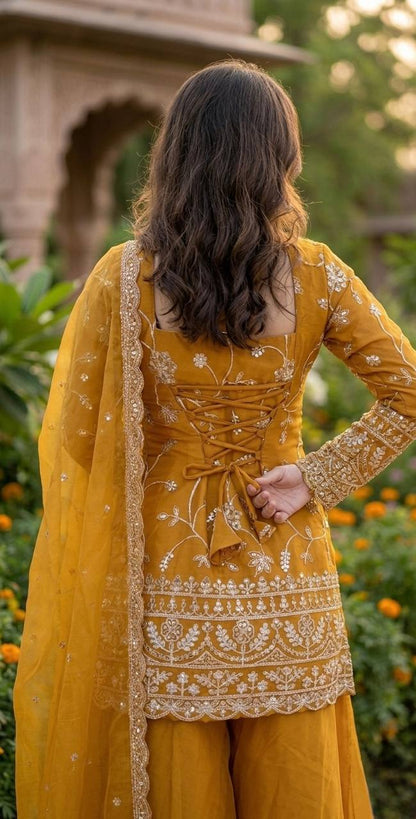 Elegant Mustard Yellow Embroidered Suit Set with Dupatta