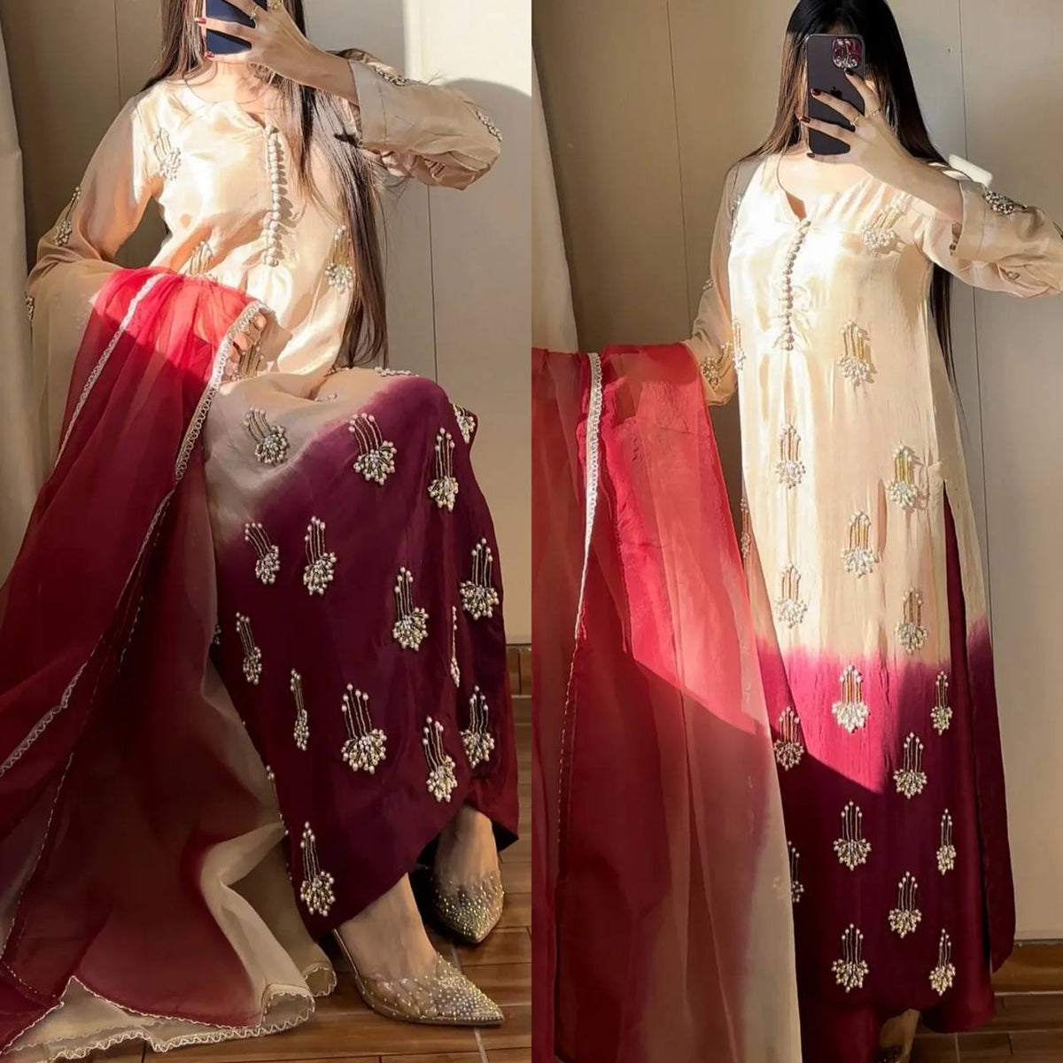 Graceful ethnic look with rich maroon dupatta and classy beige kurta vibes