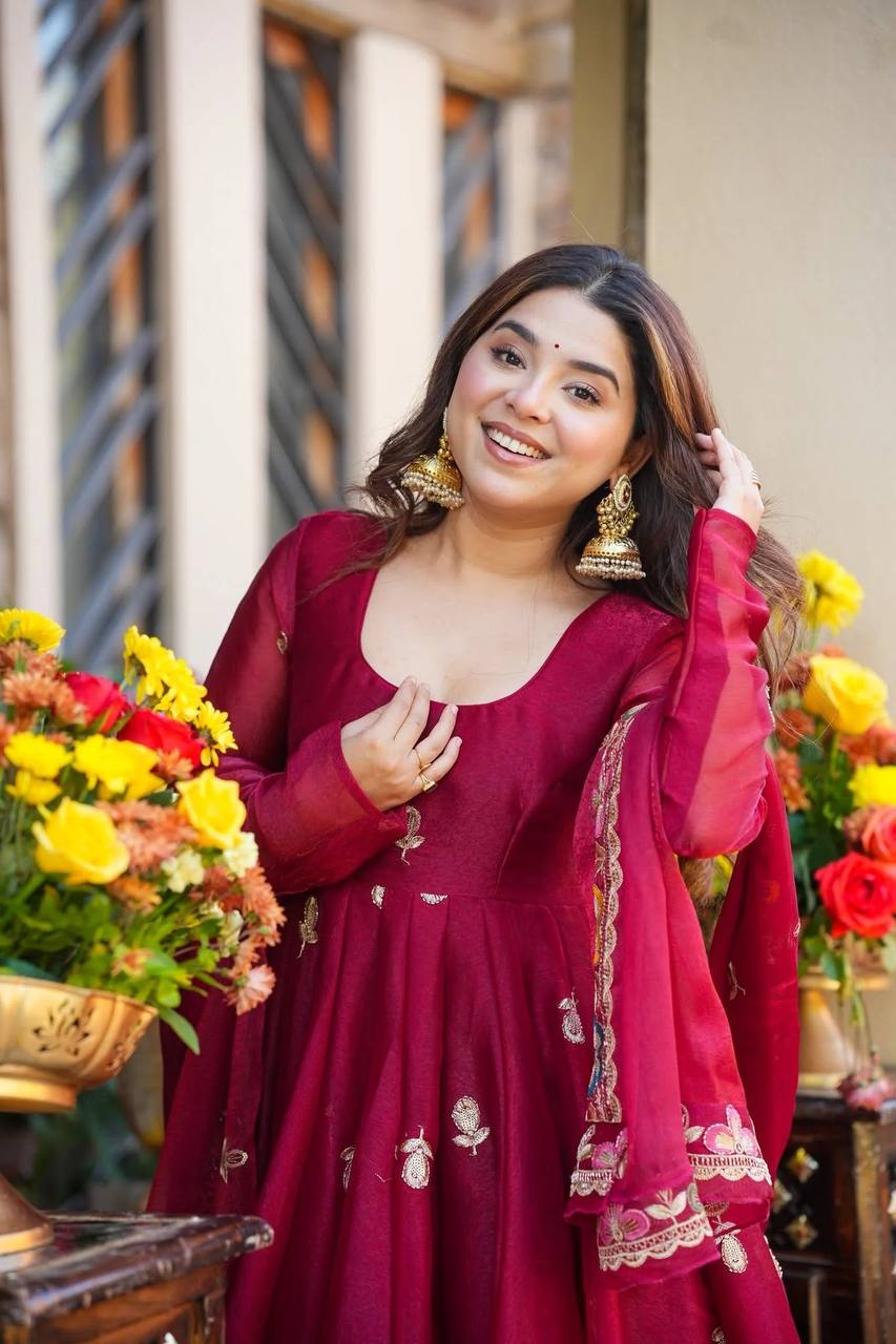 Elegant Maroon Anarkali with Organza Dupatta
