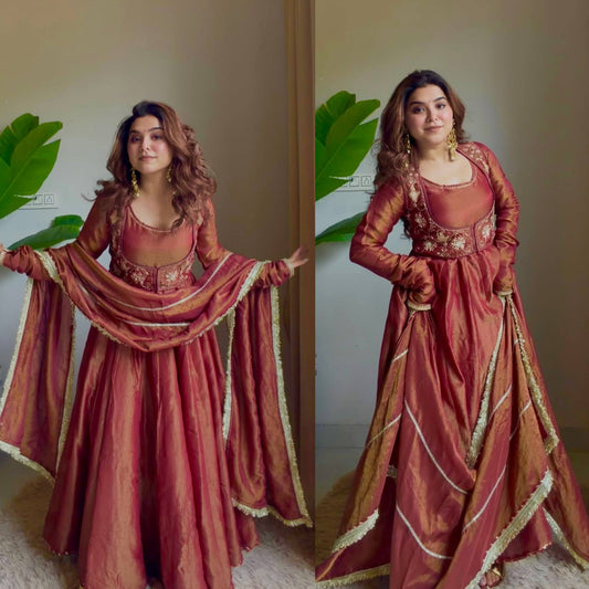 Embroidered Silk Anarkali Suit with Flared Skirt & Dupatta