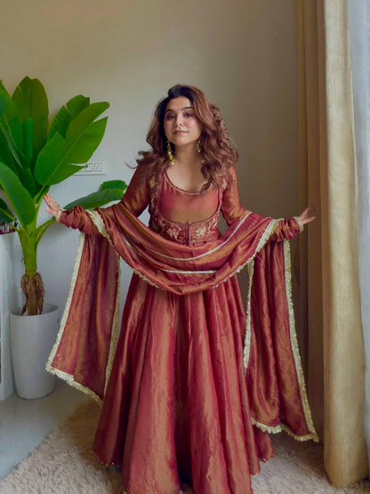 Embroidered Silk Anarkali Suit with Flared Skirt & Dupatta