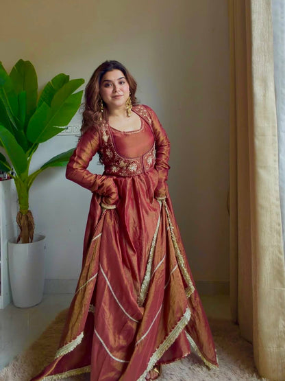 Embroidered Silk Anarkali Suit with Flared Skirt & Dupatta