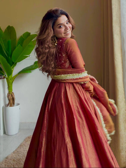 Embroidered Silk Anarkali Suit with Flared Skirt & Dupatta