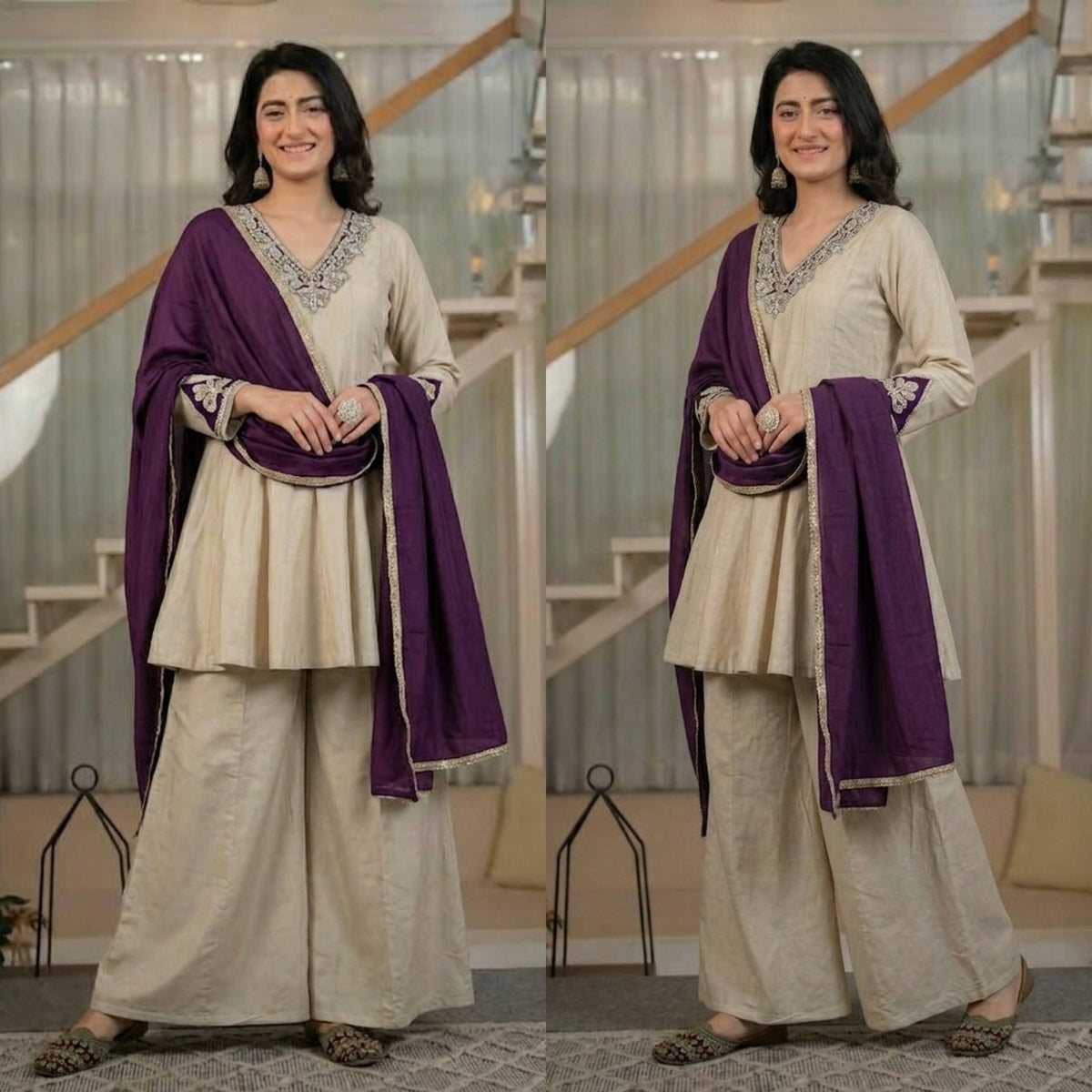 Women's Ivory Beige Designer Kurta Palazzo Set with Purple Dupatta