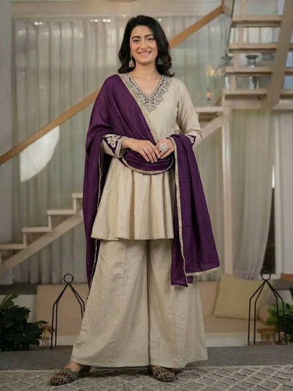 Women's Ivory Beige Designer Kurta Palazzo Set with Purple Dupatta