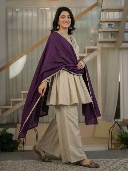 Women's Ivory Beige Designer Kurta Palazzo Set with Purple Dupatta