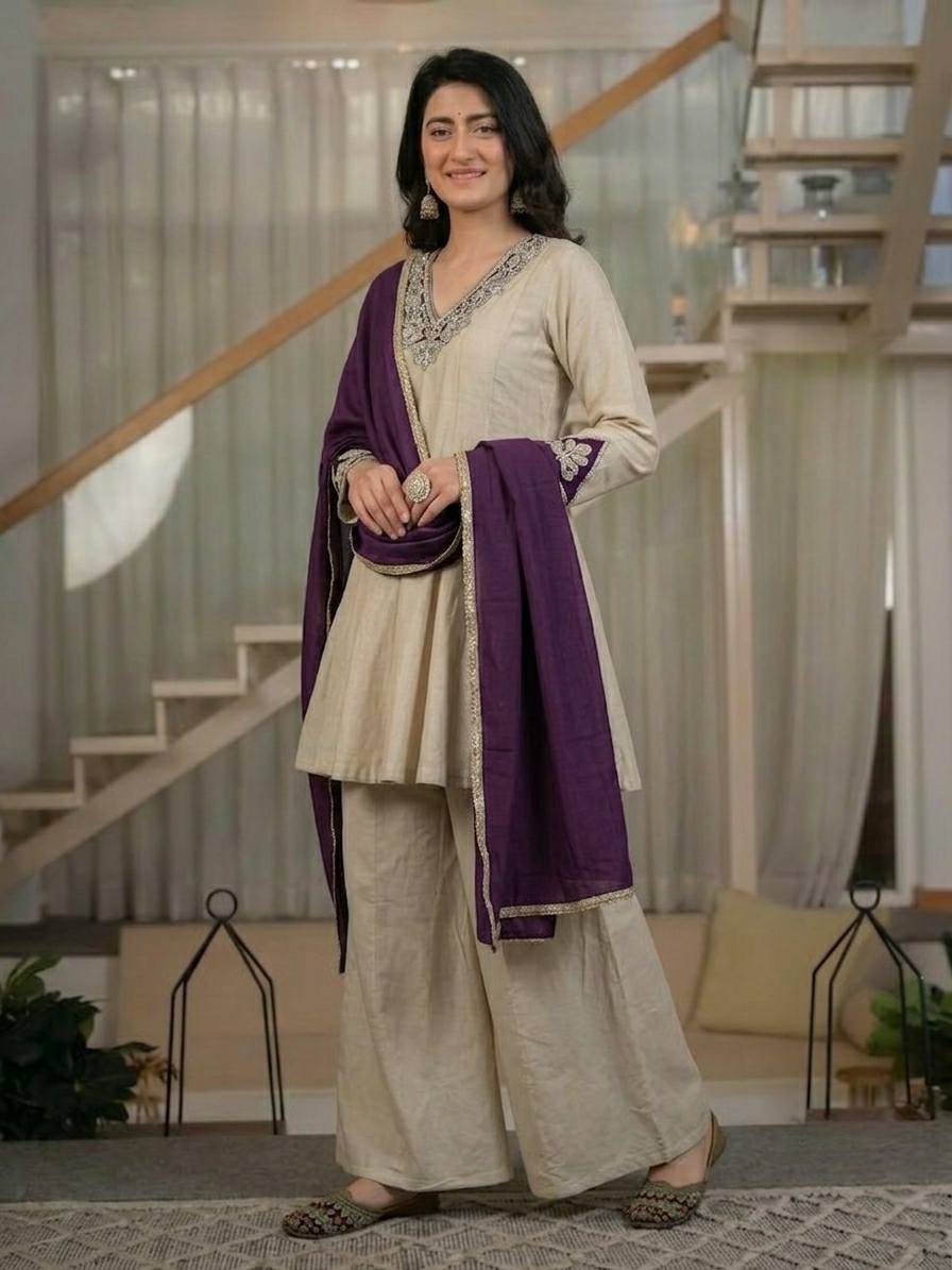 Women's Ivory Beige Designer Kurta Palazzo Set with Purple Dupatta