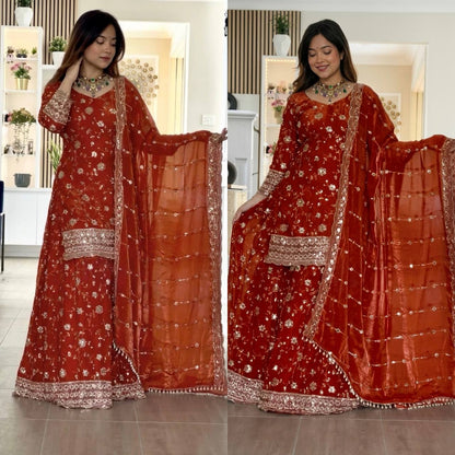 Elegant Red Designer Sharara Suit with Heavy Embroidery Dupatta