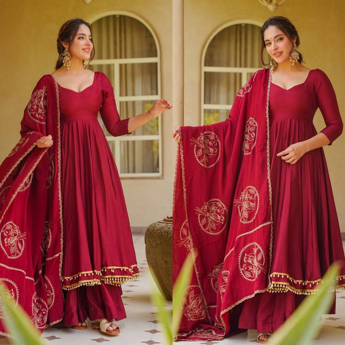 Designer Maroon Muslin Anarkali Suit Set with Dupatta for Women