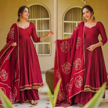 Designer Maroon Muslin Anarkali Suit Set with Dupatta for Women