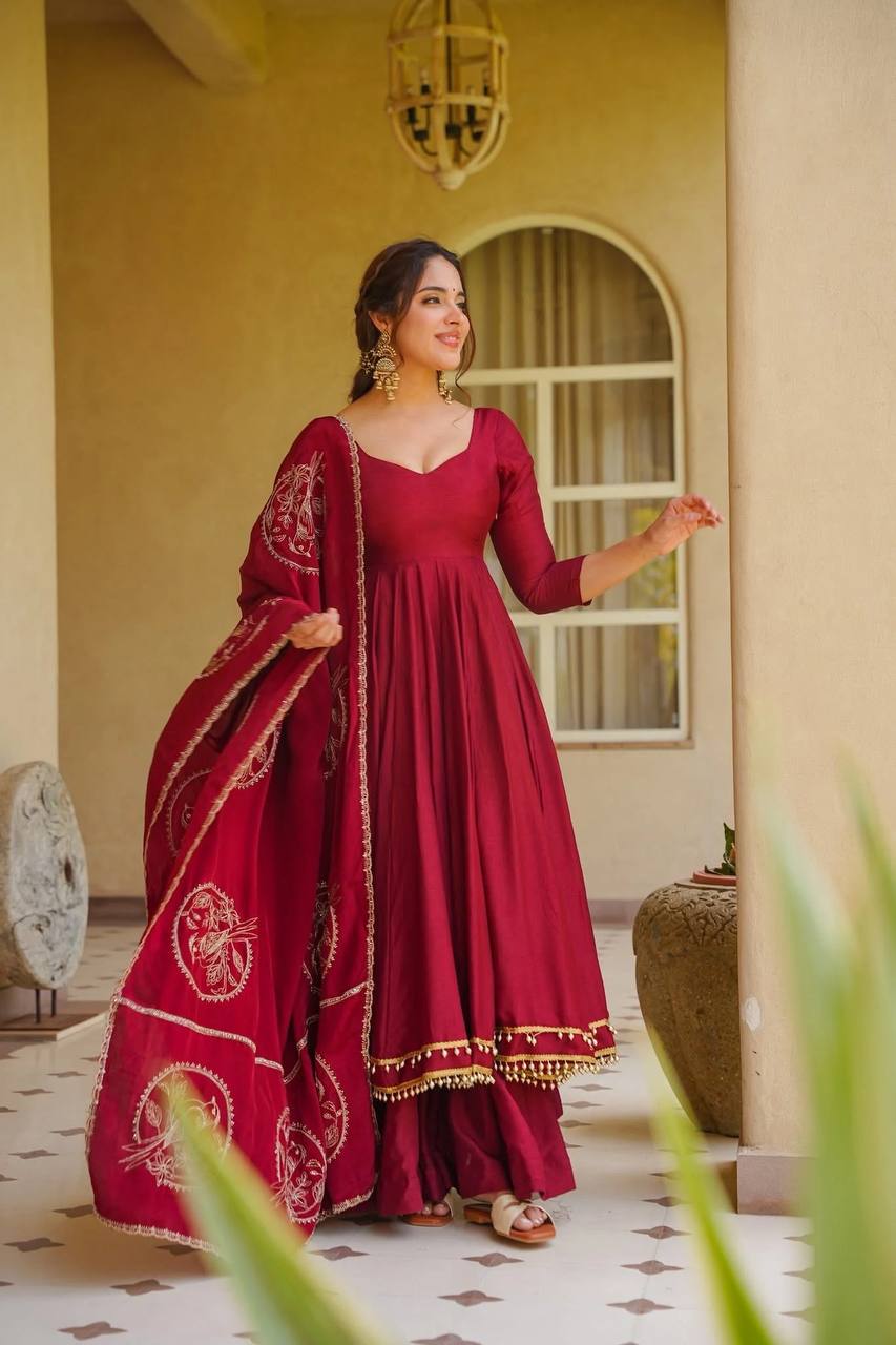 Designer Maroon Muslin Anarkali Suit Set with Dupatta for Women