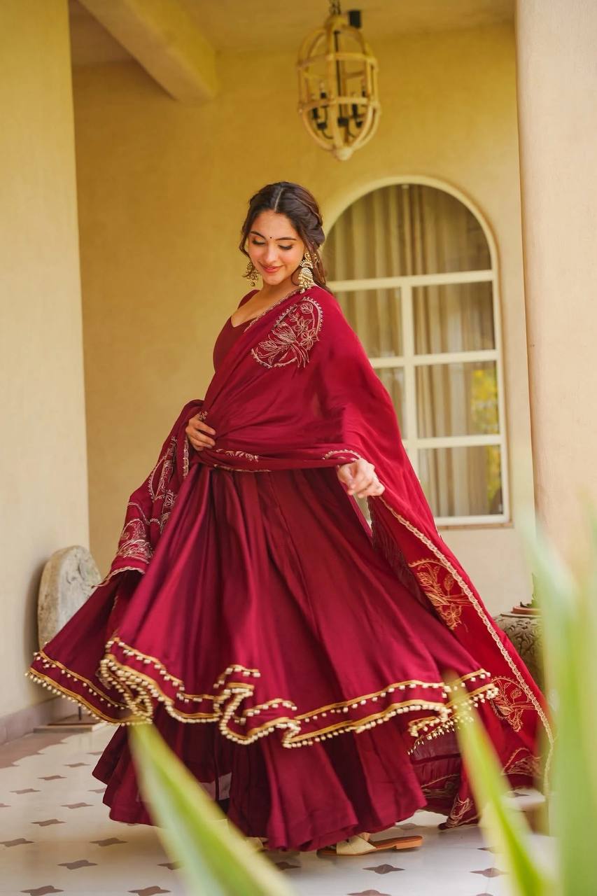 Designer Maroon Muslin Anarkali Suit Set with Dupatta for Women