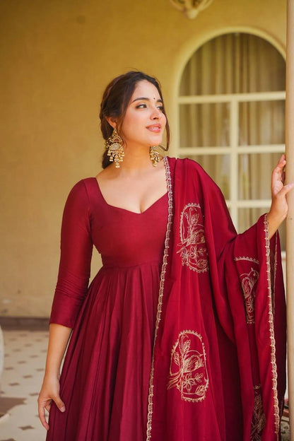 Designer Maroon Muslin Anarkali Suit Set with Dupatta for Women