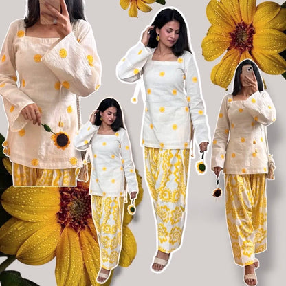 Women's White Sunflower Kurti with Yellow Printed  Farshi Pant Set