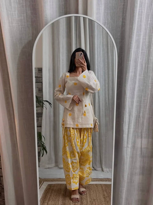 Women's White Sunflower Kurti with Yellow Printed  Farshi Pant Set