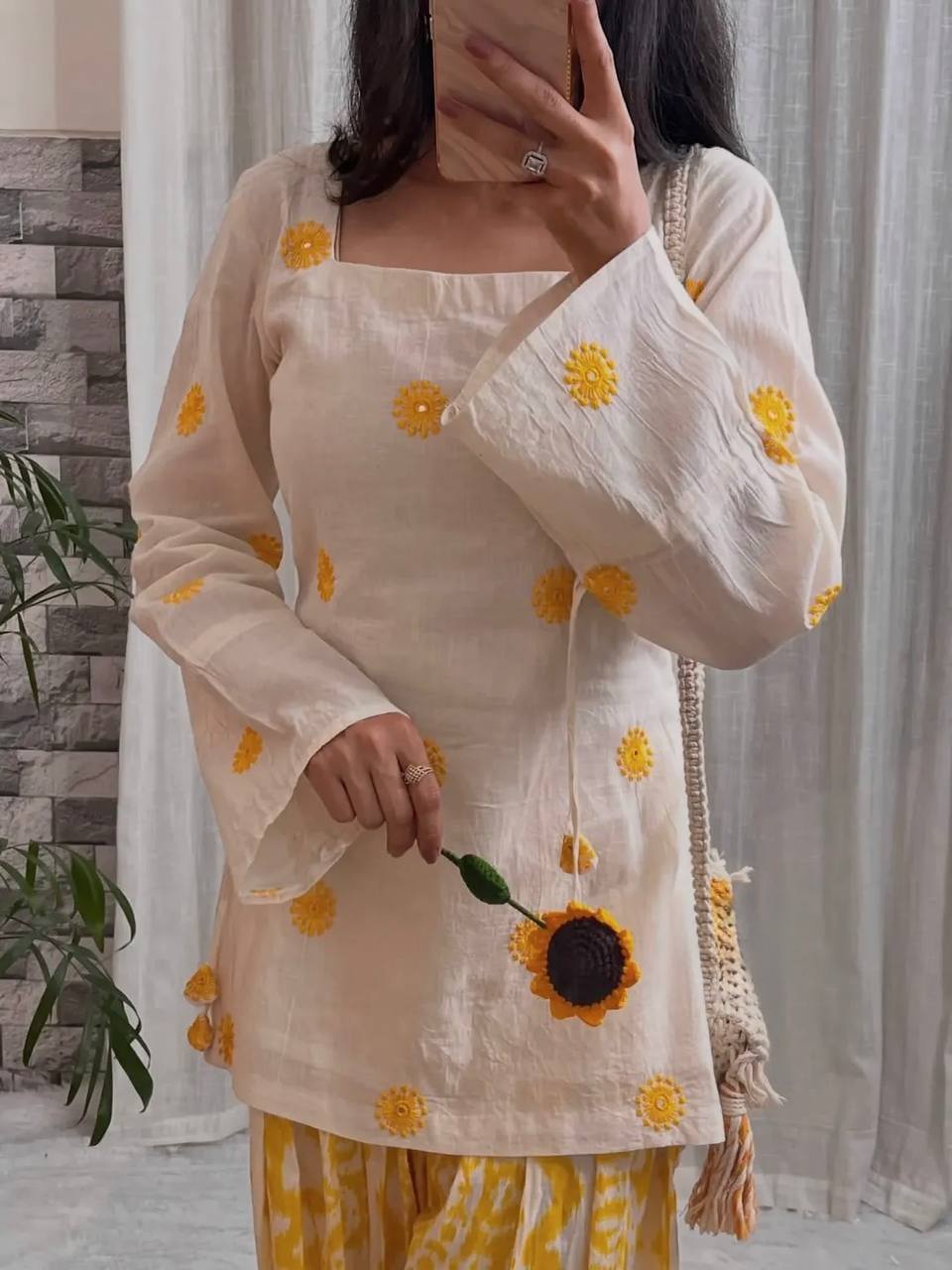 Women's White Sunflower Kurti with Yellow Printed  Farshi Pant Set
